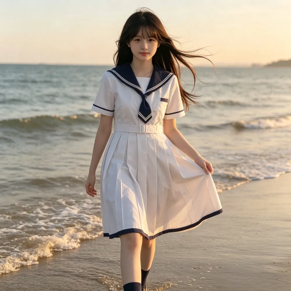Waist Slim Japanese JK Sailor Dress,Mid-Long A-Line Pleated School Uniform for Women,Daily Campus Outfit & Anime Cosplay Costume