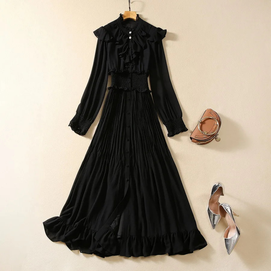 

European and American women's clothes 2024 spring new Stand collar Long sleeve black flounce Fashion pleated dress XXL