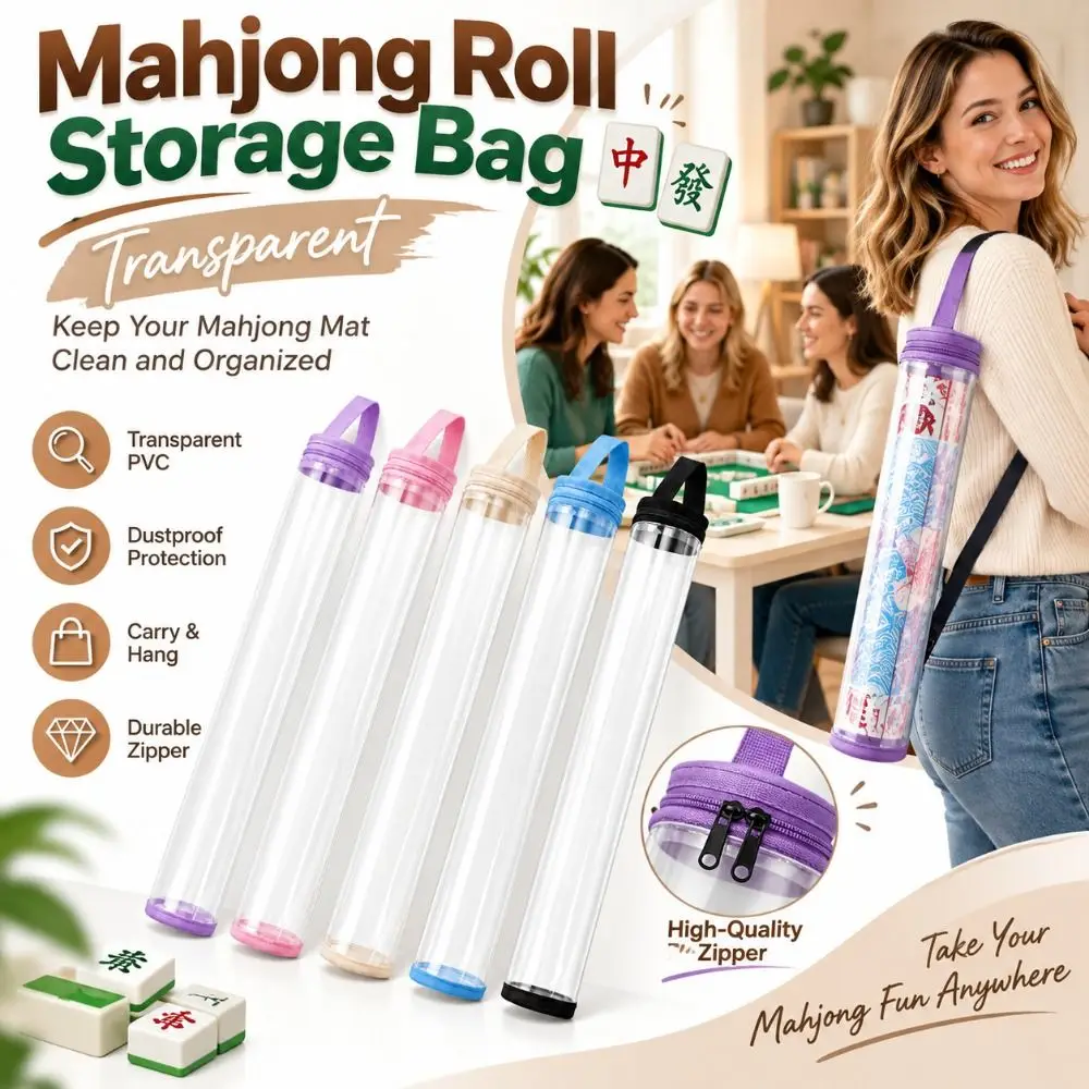 PVC Mahjong Mat Case Transparent Carry Handle Mahjong Roll Storage Bag Dustproof Hanging Loop Mahjong Mat Holder