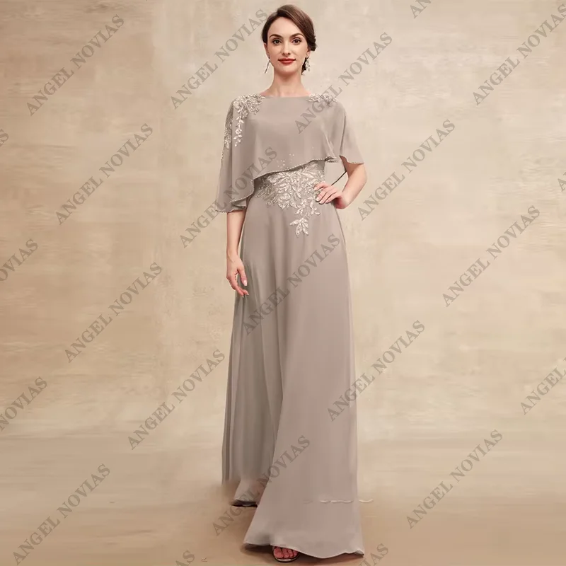 

A-line Scoop Floor-Length Chiffon Lace Mother of the Bride Dress With Beading Sequins Tiered Wedding Guest Gowns Evening Dresses