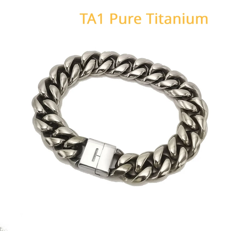 Hip Hop Pure Titanium Bracelet 14mm Thicker Encrypted Grinding Arc Necklace Titanium Cuban LinK Chain Bracelets + Ti Box Clasp