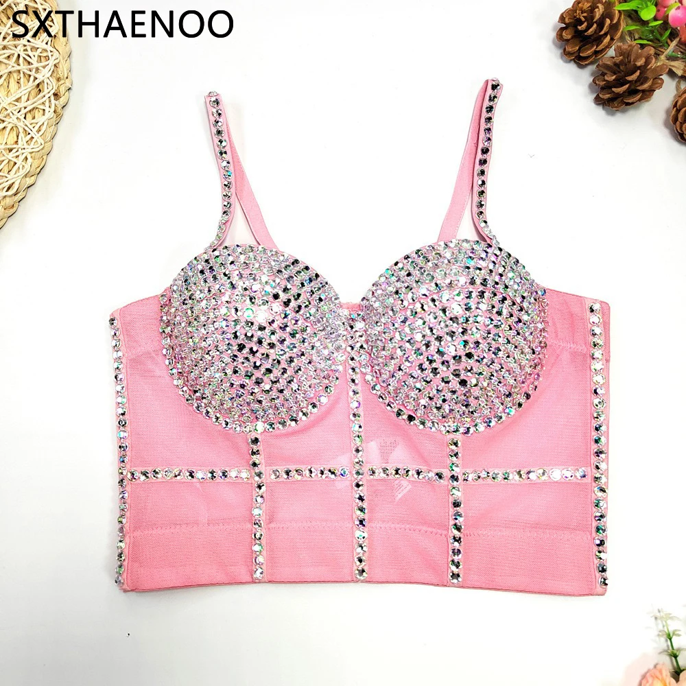 

SXTHAENOO Women's Fish Bone Shaping Colored Diamond Insert With Chest Pad Sexy Corset Sleeveless Backless Solid Color Tank Top