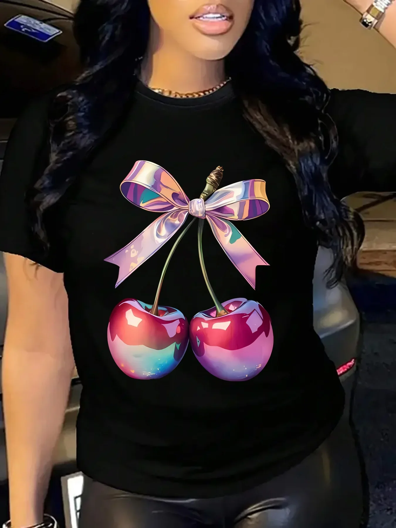 

Round Neck Summer Comfortable Stretchy Fabric Casual Outings Wear Women's Casual Short Sleeve T-Shirt Vibrant Cherry Breathable