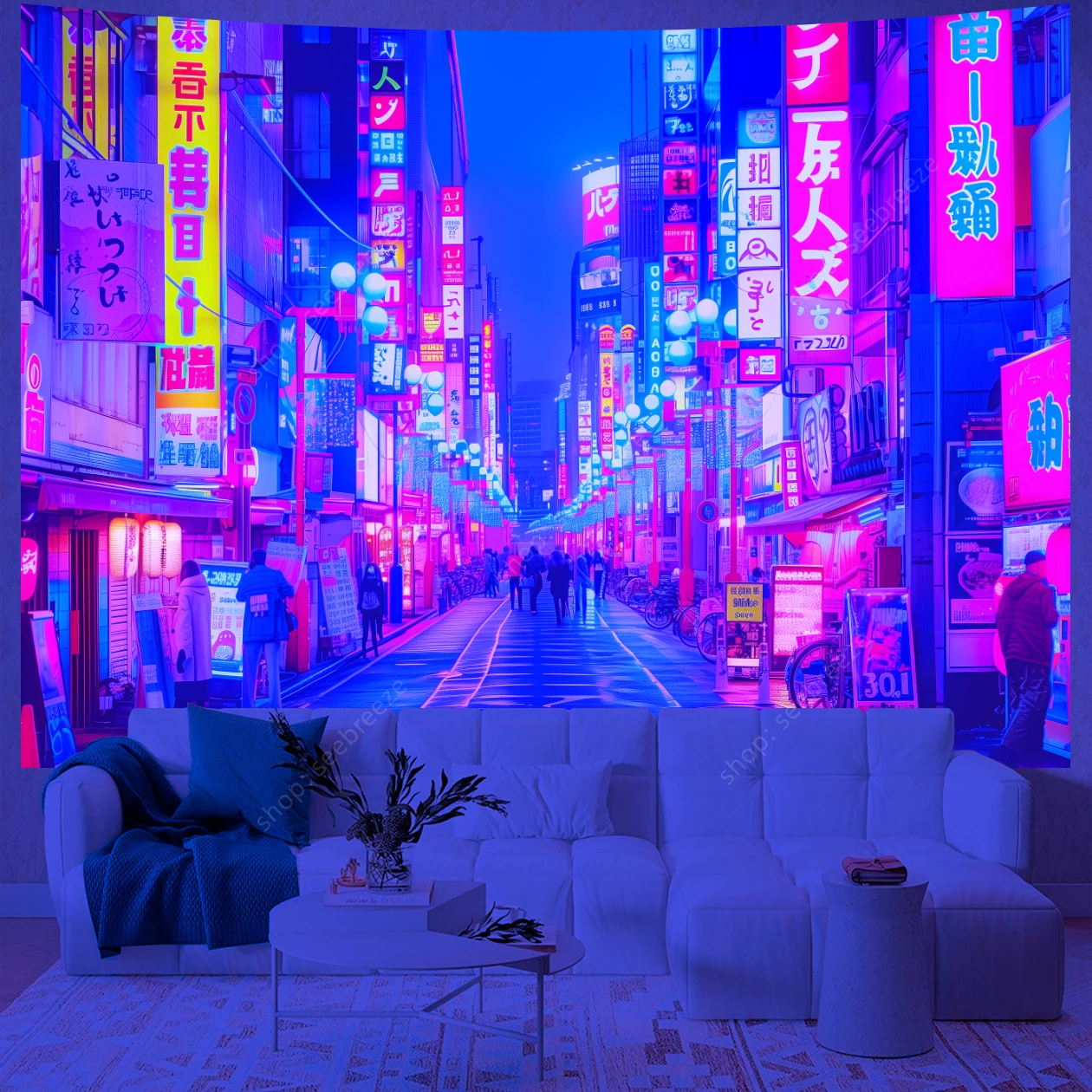 Japanese Anime Art UV Reactive Tapestry Tokyo Bustling Night Market Street Scene Wall Hanging Curtain Decor Home Wall Tapestries