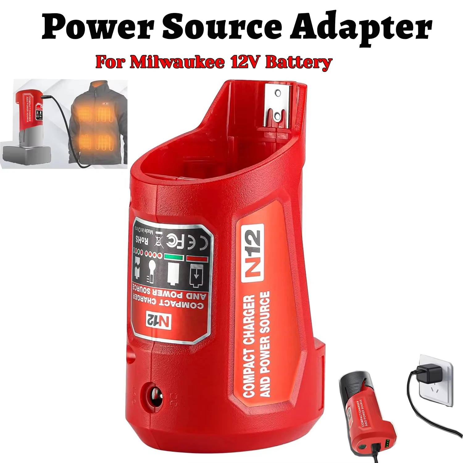 Heated Jacket Battery Adapter For Milwaukee 12V Battery, Power Source Replacement with USB Port DC 12V Outlet