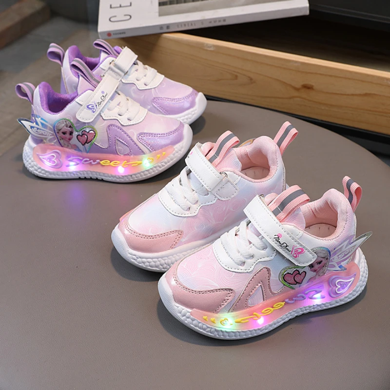 Disney LED Casual Sneakers For Spring Girls Frozen Elsa Princess Print Mesh Shoes Children Lighted Non-slip Shoes Pink Purple