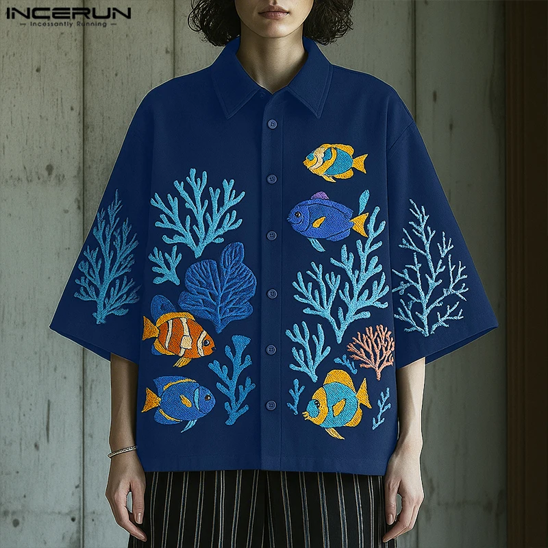 INCERUN hommes chemise impression revers demi manches ample été hommes vêtements 2025 Streetwear vacances mode décontracté mâle hauts chemises