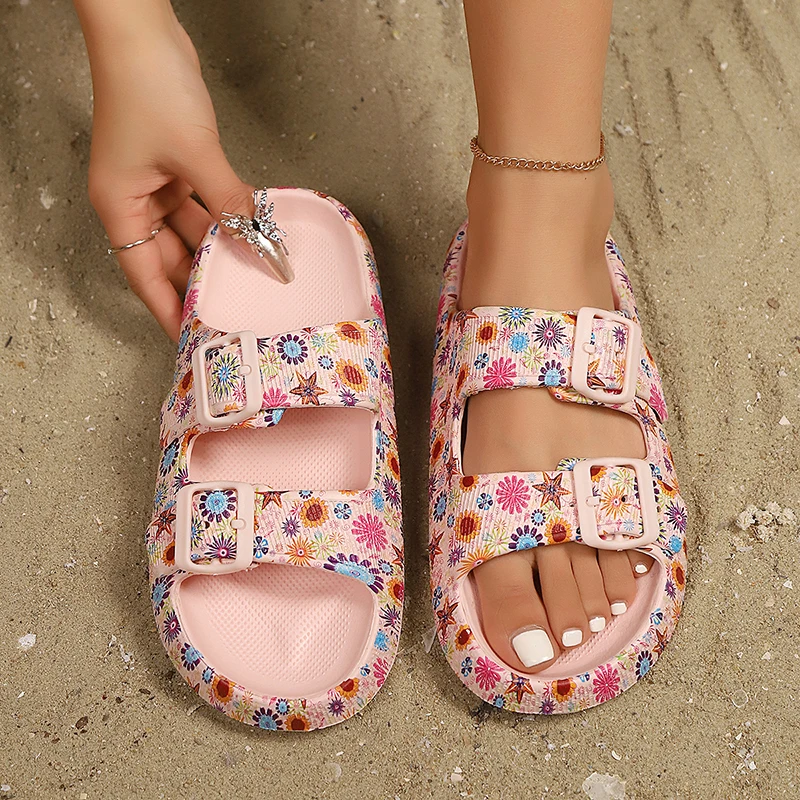 Fashion Printed Non Slip Beach Slippers Women Double Buckle Design Platform Slippers Woman Soft Thick Bottom Cloud Slides Shoes image 3