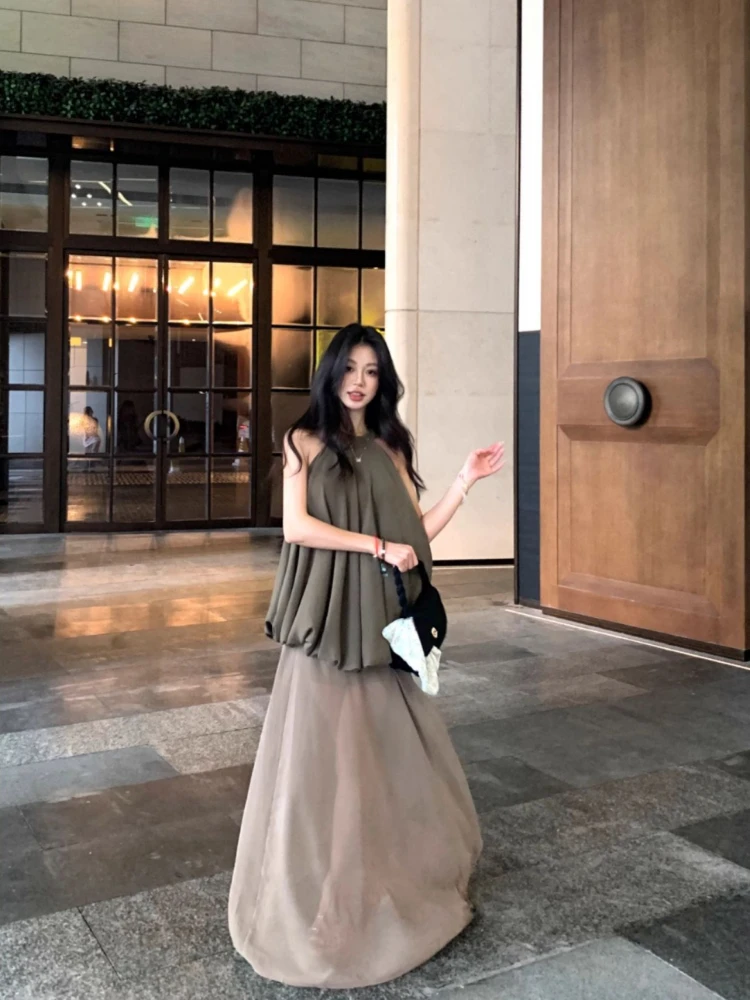 Two Piece Set Women's French Chic Vintage Summer Halter Neck Bubble Top High Waist Semi Sheer Skirt
