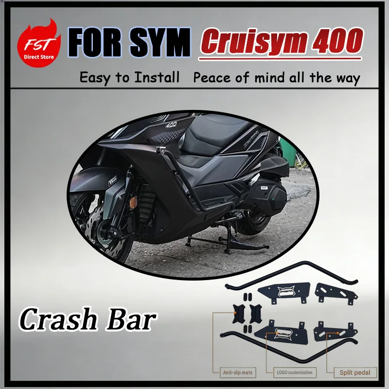 For 2024 SYM Cruisym 400 Crash Bar Front-Rear with Calf-Avoiding Design Matte Weather Resistant Guard Bars for Motorcycle Safety