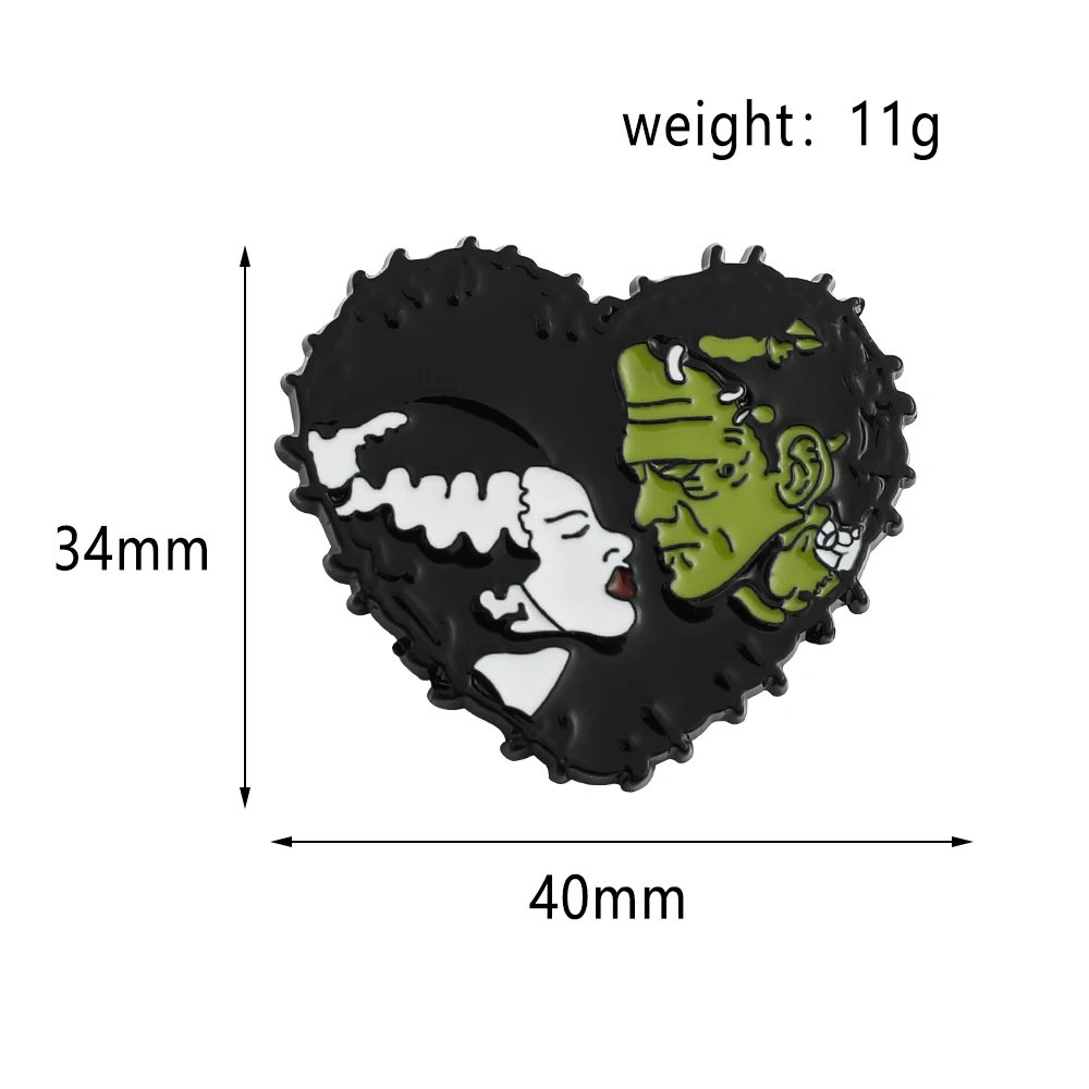 Ghoulish Love Bride & Frankenstein Enamel Pin Loving Dead Heart-shaped Badge Science Horror Movie Brooch Gothic Jewelry Gift