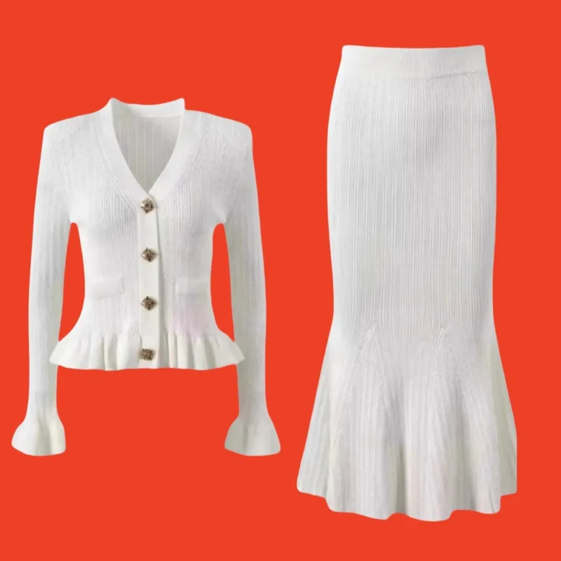 2025 nuevo traje de falda de moda para mujer Otoño e Invierno suéter de punto de un solo pecho elegante falda de cola de pez vestido de fiesta