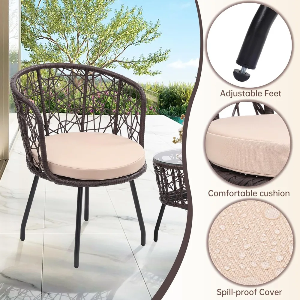 Set da bistrot da 3 pezzi, mobili da giardino moderni in vimini per esterni con piano in vetro temperato e 2 sedie, cuscini lavabili