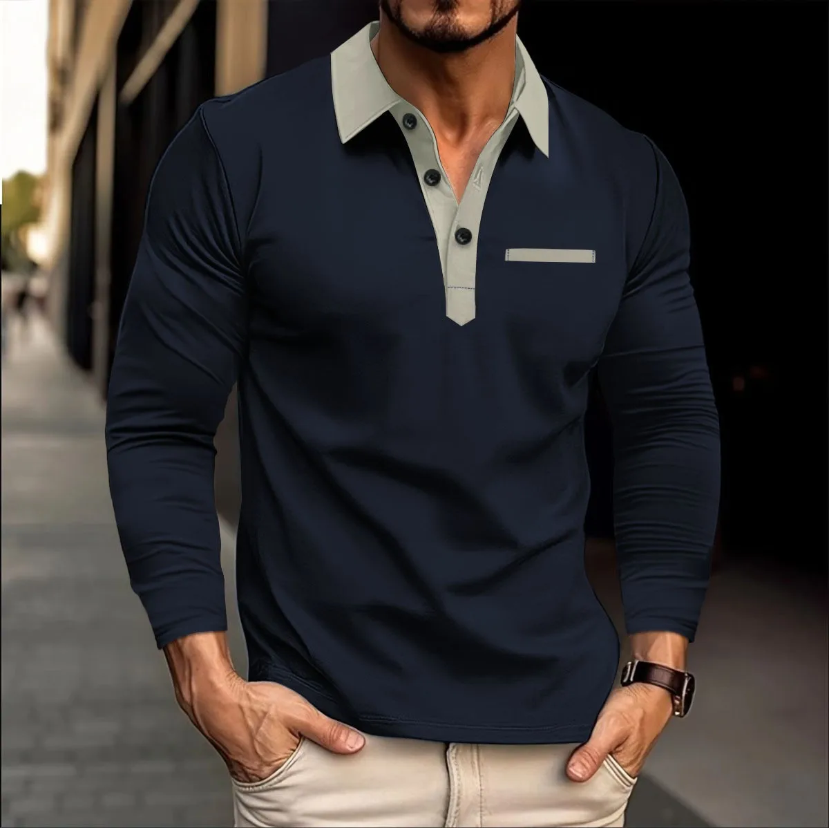 2024 spring and autumn new men\'s high quality solid color long sleeve outdoor sports shirt matching color Polo shirt