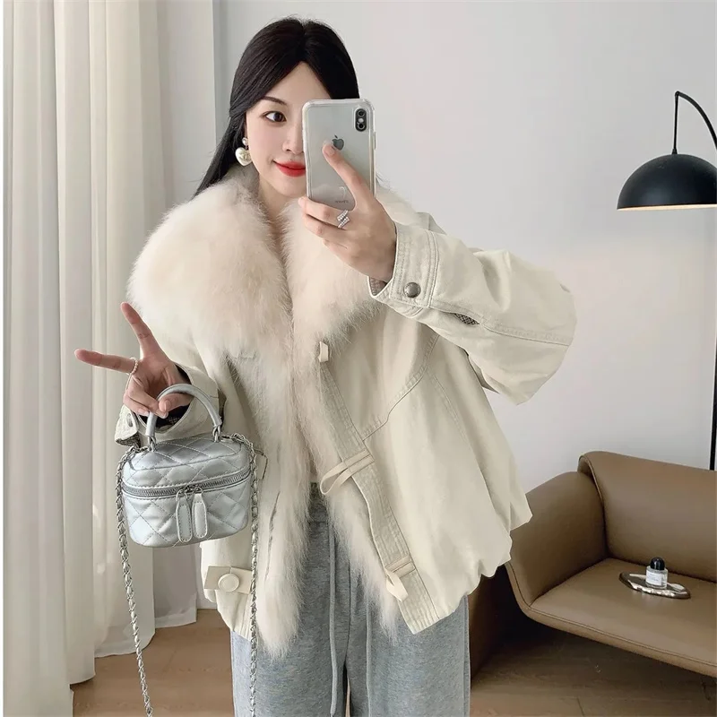 Fur Women's Coat Imitation Fox Fur Collar Velvet Inner Lining Parker Down Cotton Jacket Short Workwear Casual Young Style 2025