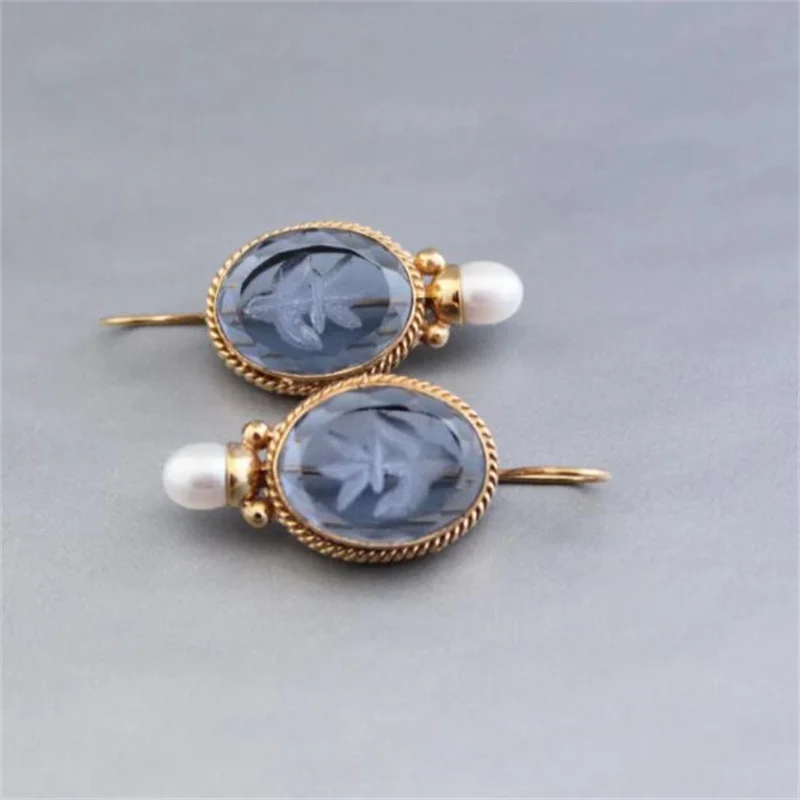 1 Pair Fashion Round Vintage Style Pearls Crystal Stone Blue Color Earrings Women\'s New Elegant Party Prom Jewelry