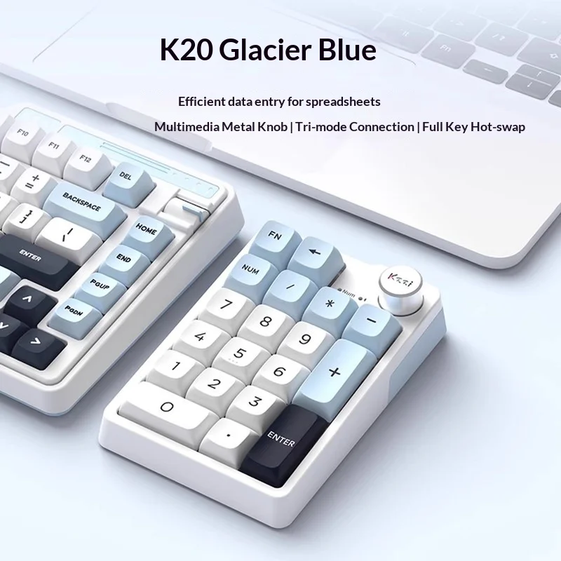 Kzzi K20 Glacier Blue Tri Mode Wireless Bluetooth Mechanical Numeric Keypad Hot Swappable Programmable For Ipad Tablet Laptop