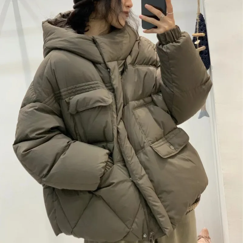 Women's Winter Down Coats Warm New Korean Loose Bread Coat Outerwear Hooded Petite Down Jacket Short Length White Duck Down Coat