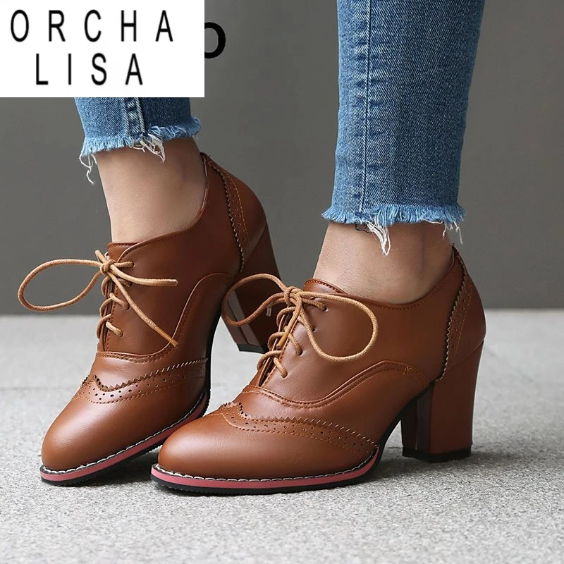 

ORCHA LISA Brand 2025 New Female Pumps Round Toe Chunky Heels 7.5cm Lace Up Plus Size 45 46 47 48 Office Lady Daily Spring Shoes