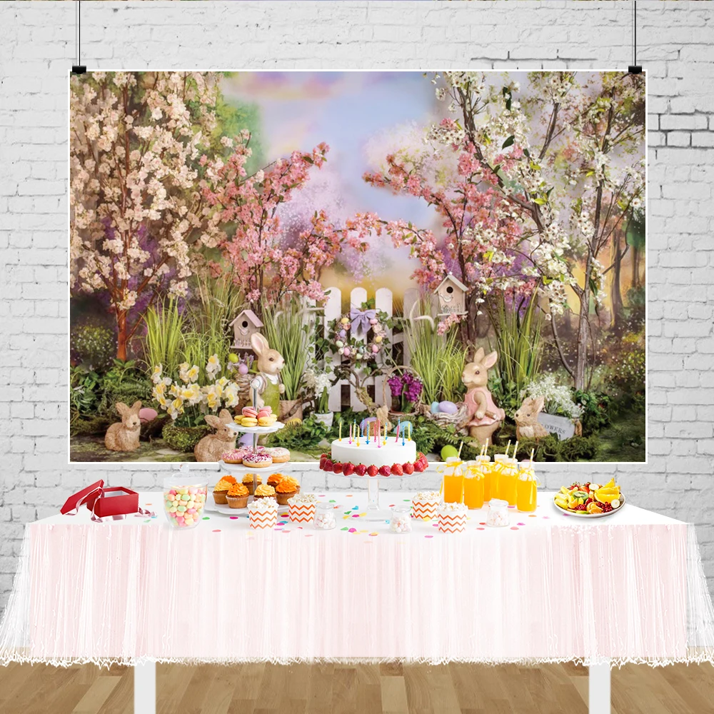 Fondo de fotografía de Pascua de jardín de primavera, conejo, flores, huevos, bosque, foto Natural, retrato de bebé, estudio de fondo