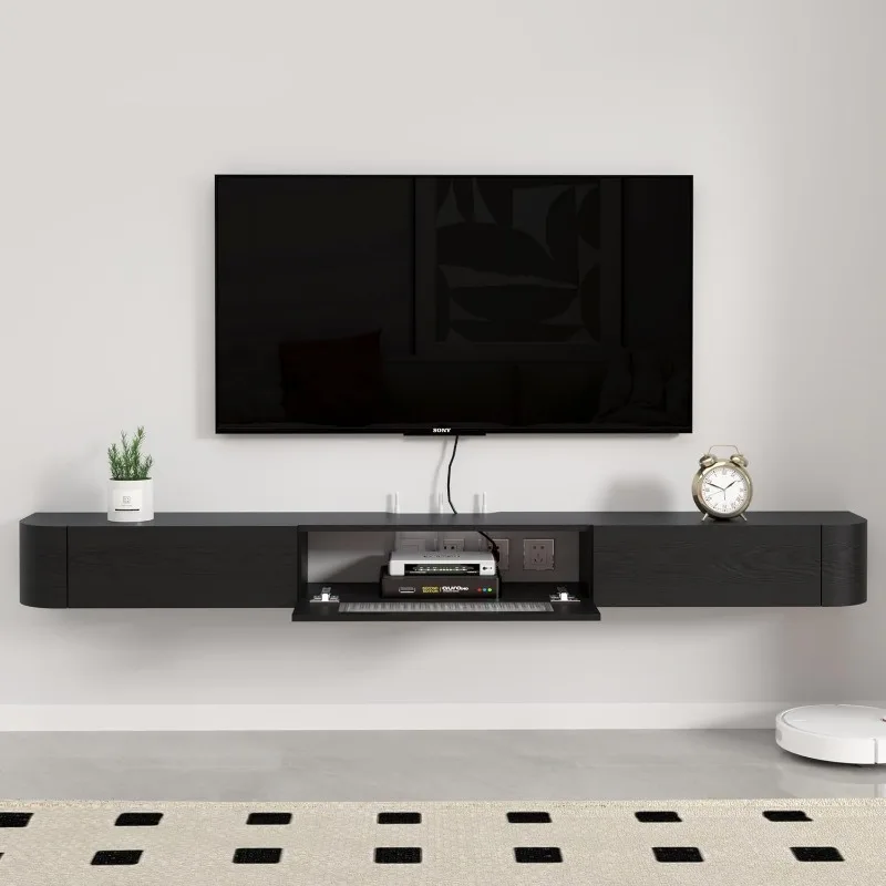 Floating TV Stand, 71'' Solid Wood Wall Mounted TV Cabinet, Floating Shelves with Glass Door & Drawers, Mid-Century Entertainmen