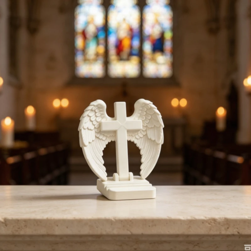 3D Printed Stand Folding Christian Cross Layered Feathered Angel Wings Stepped Phone Holder for Wooden Table Desktop