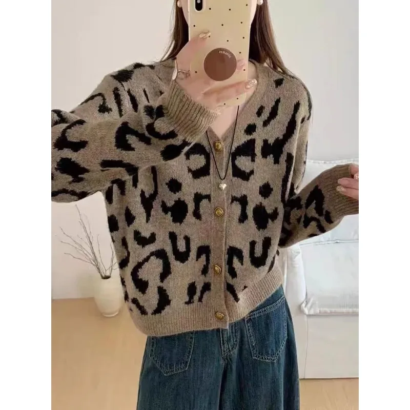 ليوبارد طباعة الخامس الرقبة محبوك سترة سترة سترة المرأة ربيع الخريف سترة قصيرة أعلى #4