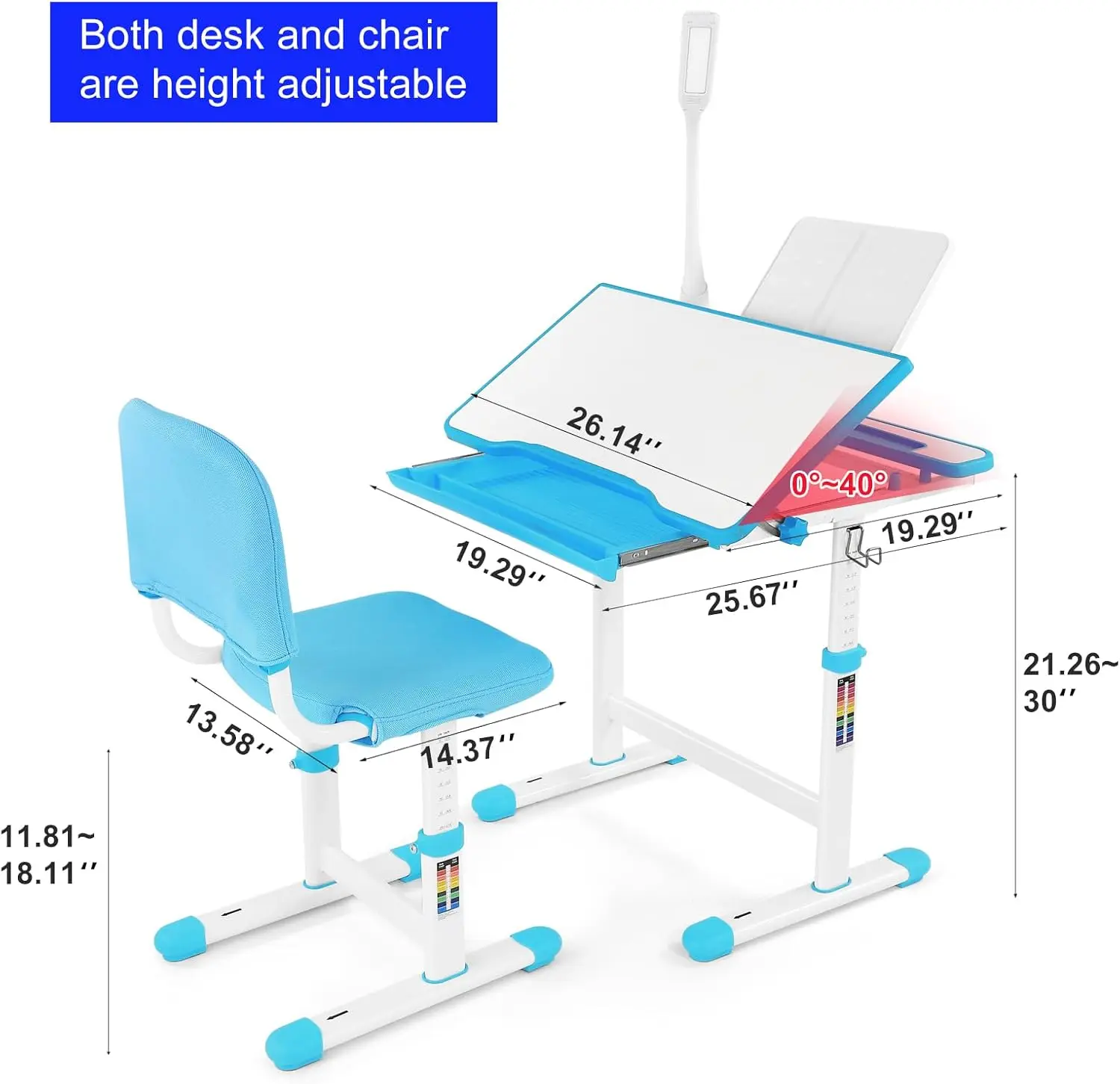 Altura ajustável Study Desk and Chair Set para crianças, mesa grande, quadro de escrita, mesa com lâmpada LED, pull out para crianças, mão