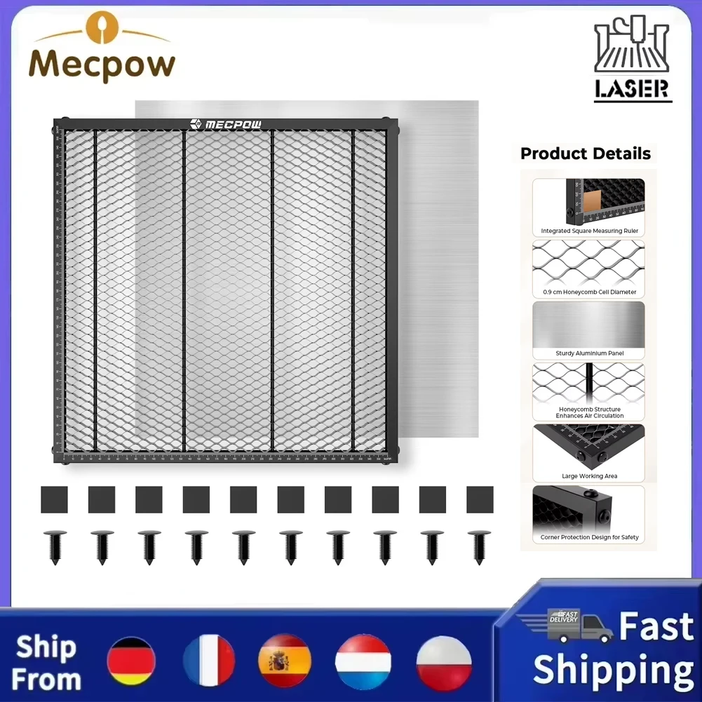 Plaque de lit laser en nid d'abeille Mecpow H33 360x360mm en alliage d'aluminium, optimise le flux d'air et la dissipation de la chaleur, réduit les traces de brûlure, visibilité claire, marquages de mesure, plaque de support, broches en plastique, coussinets en silicone pour gravure et découpe.