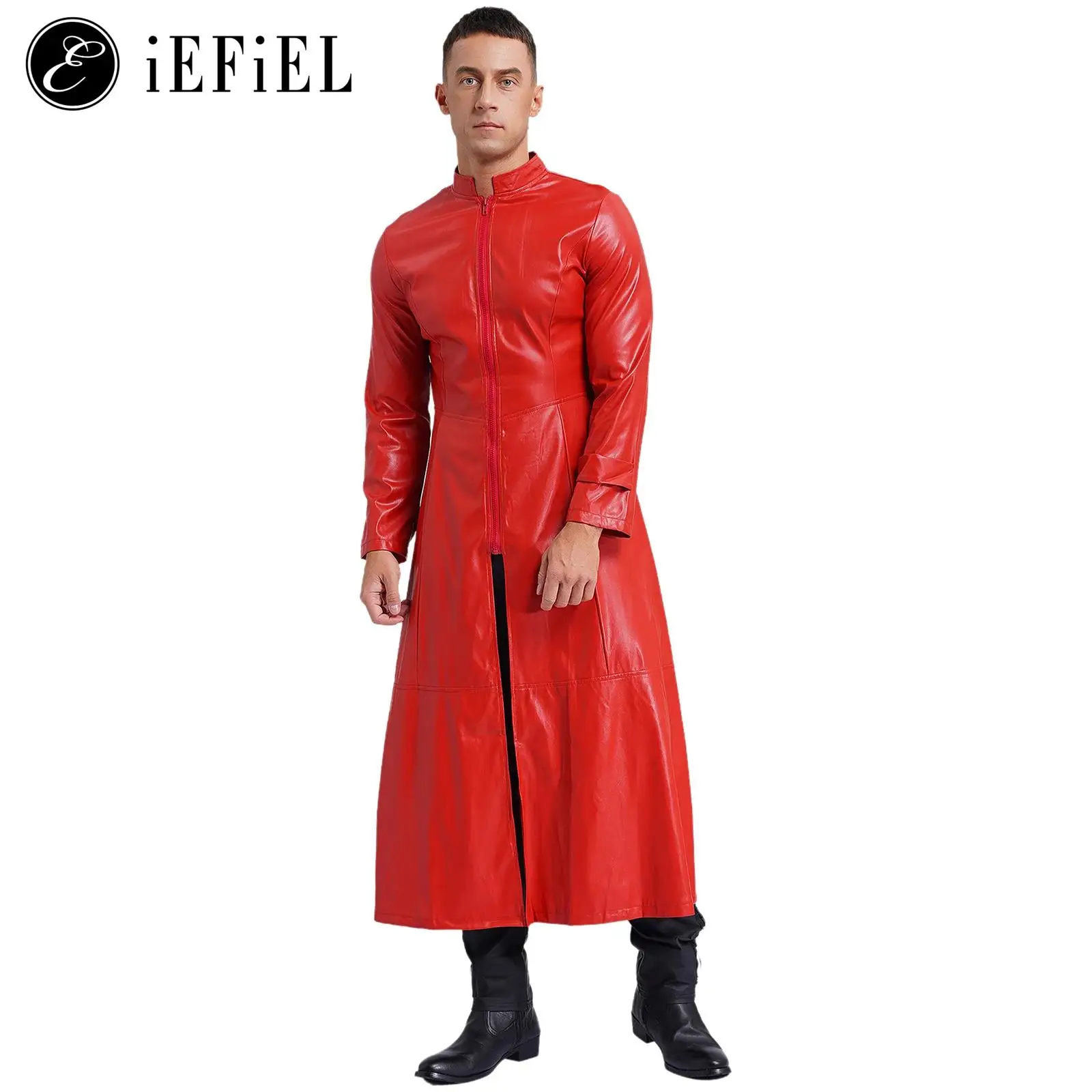 

Mens Gothic Trench Patent Leather Long Sleeve Zip Up One Piece Long Coat Medieval Overcoat Vintage Party Cosplay Costume