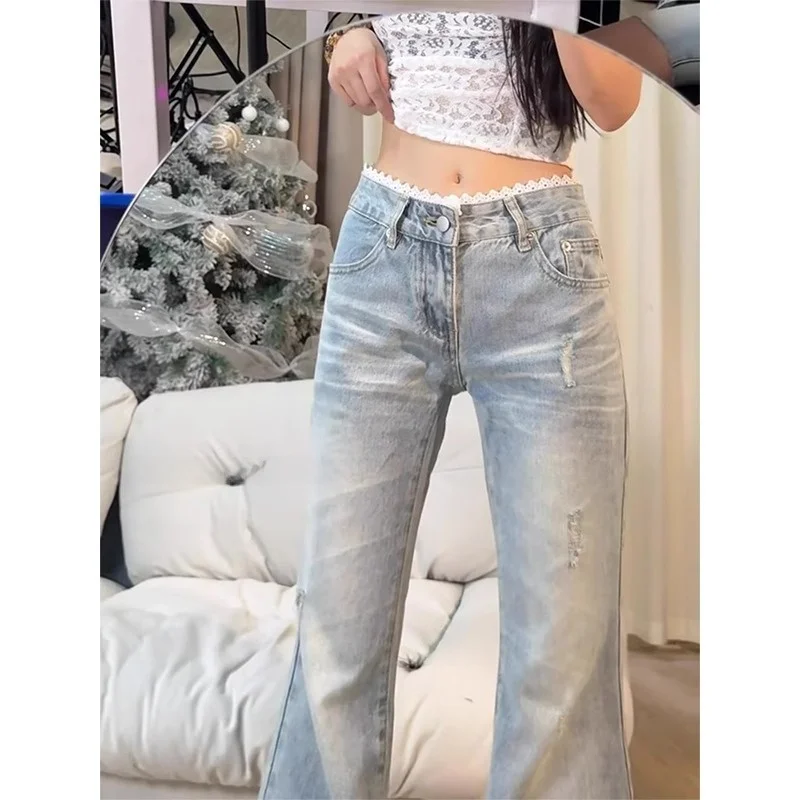 Retro American Loose High Waist Flared Jeans Women's Spring 2026 New Lace Trim Floor-Length  Hoof Pants Cotton Stretch D...