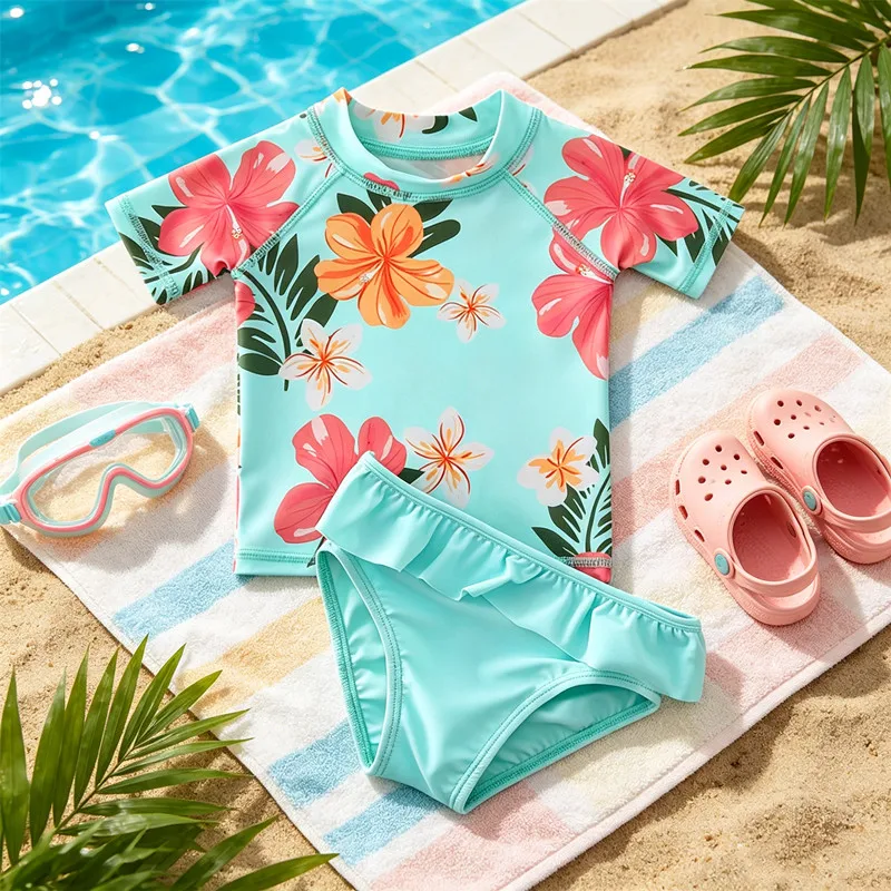 Wishere Separate Swimsuit Kids Swimwear Tankini Set UPF50+ Beachwear Short Sleeve Swimming Bath Clothing