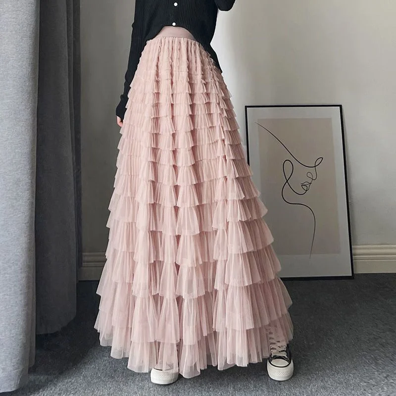 Summer Heavy Work Mesh Skirt Multi Layer Women's Half Body Fairy Tale Style Long Skirt Cake Skirt Casual High Waist Polyester