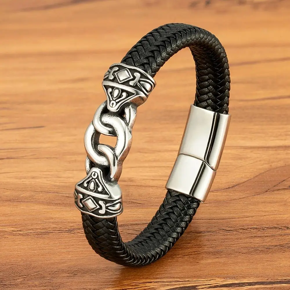 XQNI Punk Design Men Jewelry Leather Braided Bracelets Stainless Steel Interlocking Black Bracelets Fashion Male Bangle