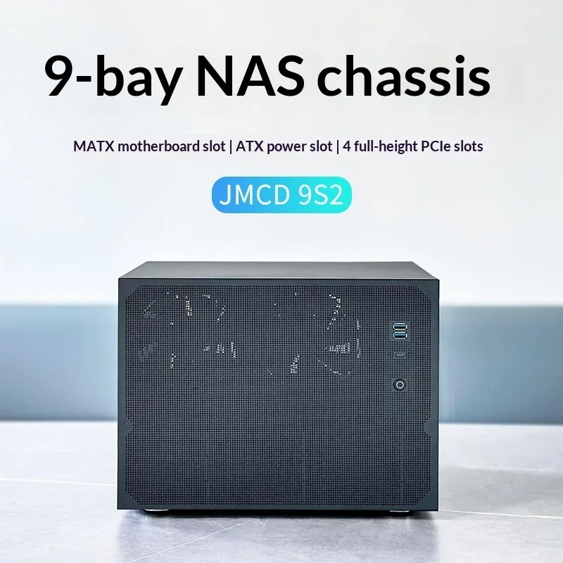 9-Bay Hot-Swap NAS Chassis JMCD9S2, 12Gb Backplane for SAS/SATA, Supports ATX PSU & MATX, Magnetic Dust Cover for Home Server