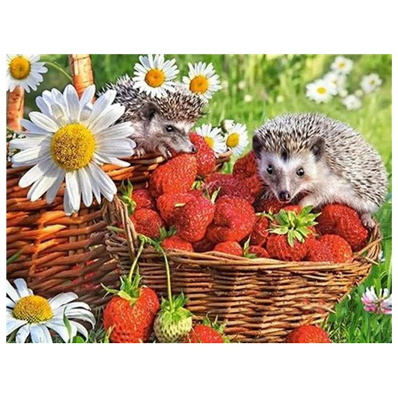 Pintura diamante com diamante bordado, Rodada completa Rhinestone Imagem, Home Decor, Hedgehog, Comer Morango