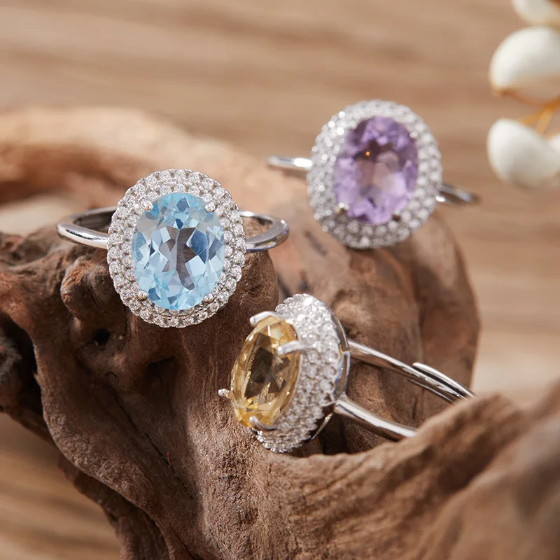 

s925Pure Silver Natural Gemstone Topaz Amethyst Citrine Ring for Women Hot-Selling Jewelry Factory Wholesale