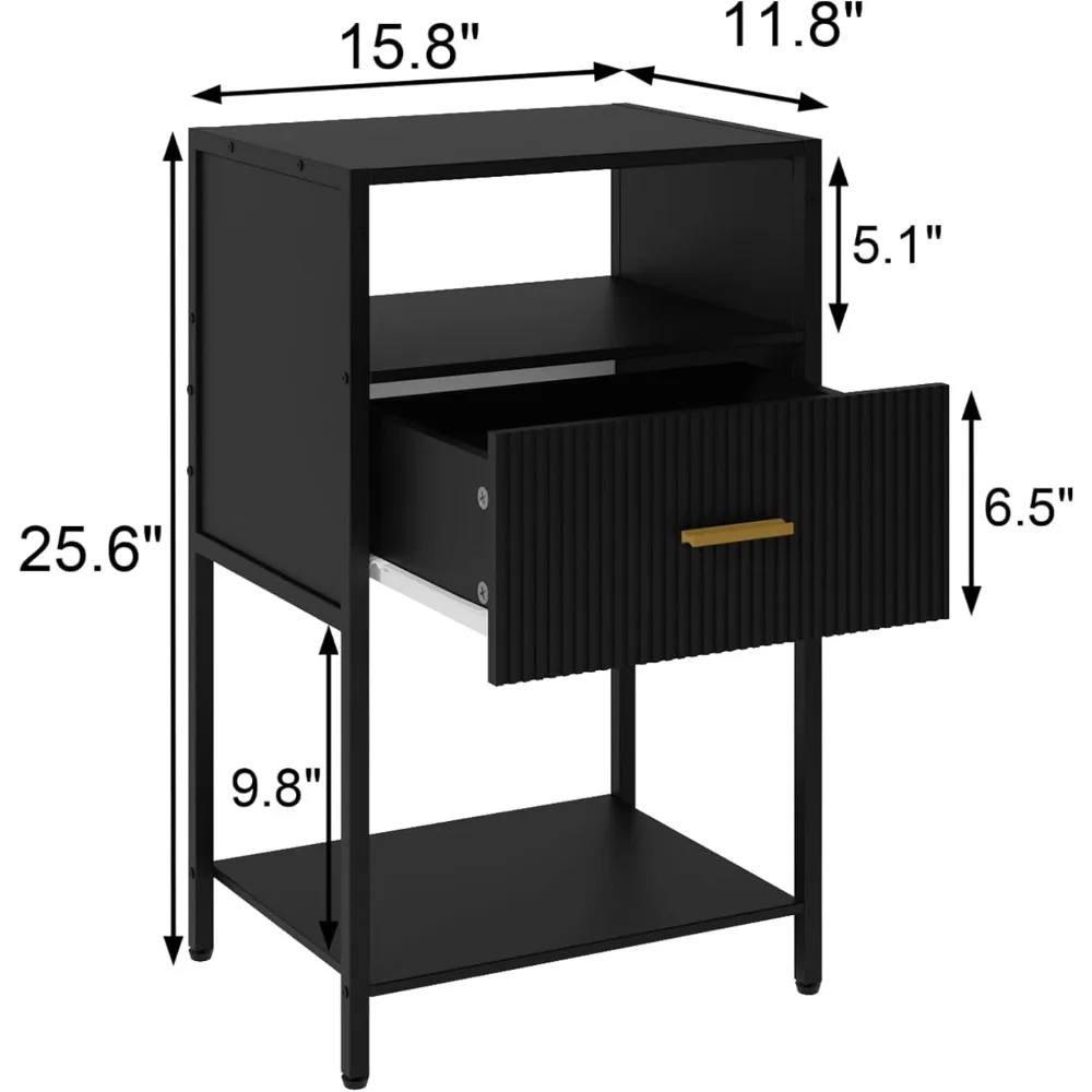 Black Nightstand, Modern Side Table with Fluted Drawer, Tall Night Stand with 3 Storage Shelves for Living Room, Bedroom