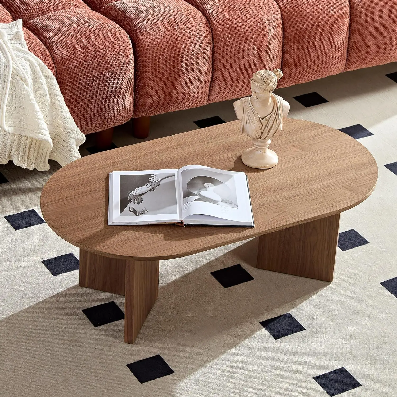 39.37'' Oval Coffee Table for Living Room Pedestal Coffee Table Mid Century Modern Coffee Table Wood Centry Table, Easy Assembly