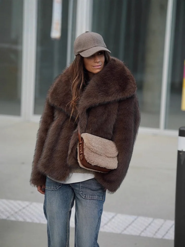 Inverno quente café colorido suave encantador confortável elegante deslocamento namoro lapela outerwear moda pele do falso