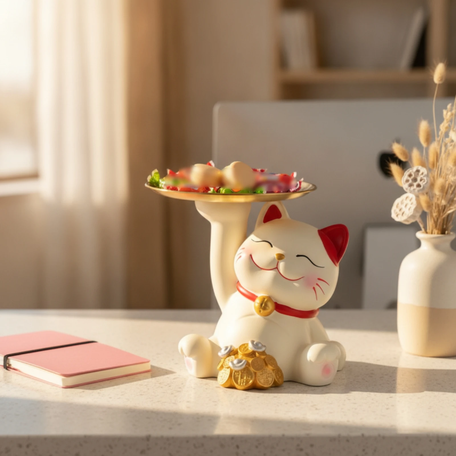 Maneki Neko - Bandeja para Dulces con Figura de Gato Adorable, Estatua Compacta con Significado para Recepción, Entrada