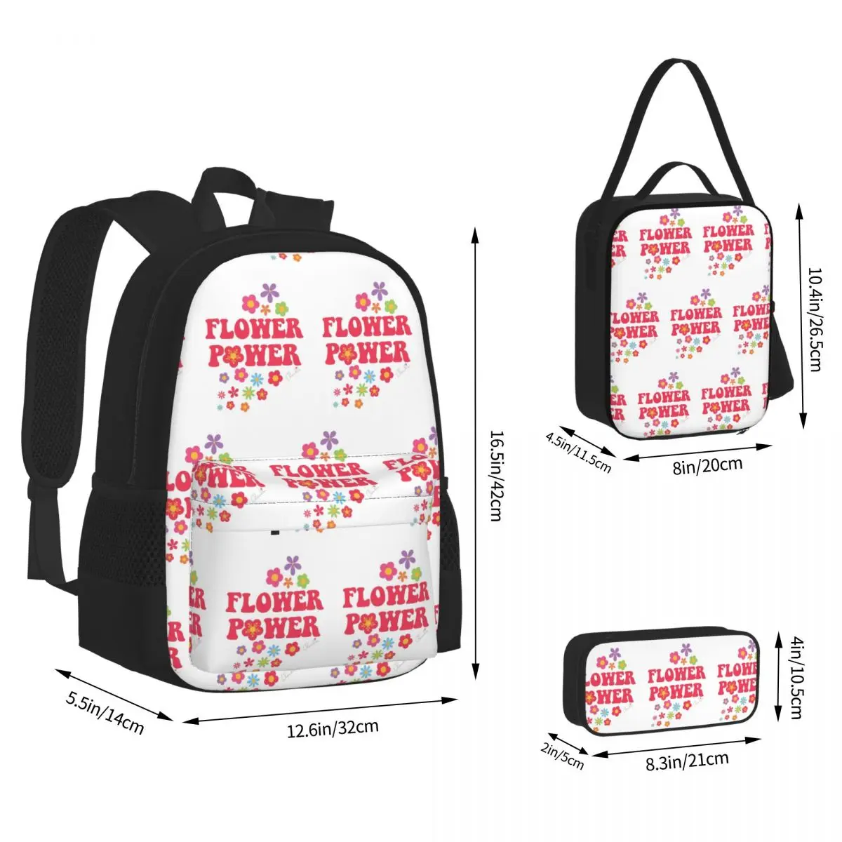 Colorful Flower Power Seamless Pattern Backpacks Bookbag School Bags Children Rucksack Lunch Bag Pen Bag Three-Piece Set