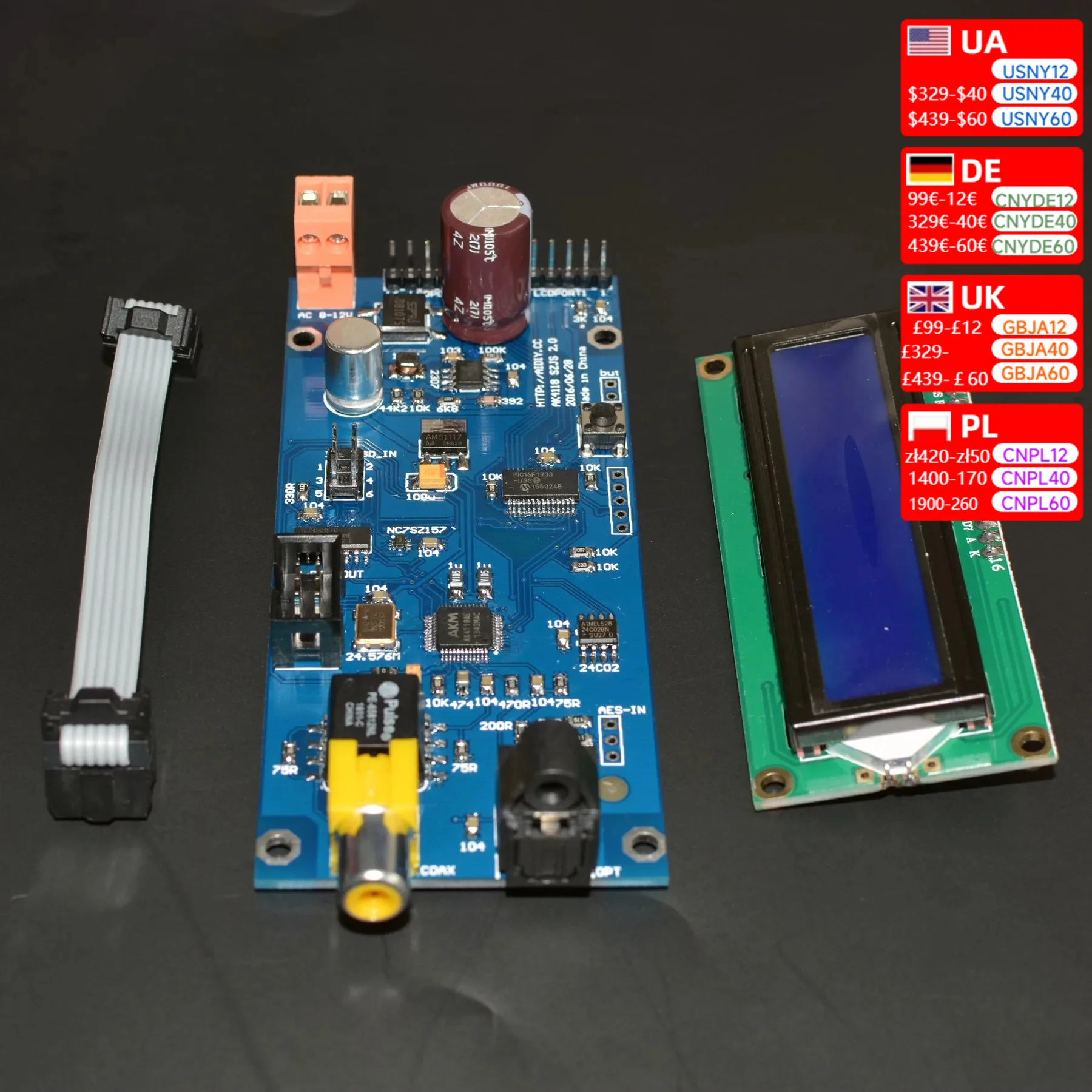 AK4118 Digital Receiving Board Coaxial Fiber AES To I2S Sampling Rate Display Supports  Input 24Bit 192K