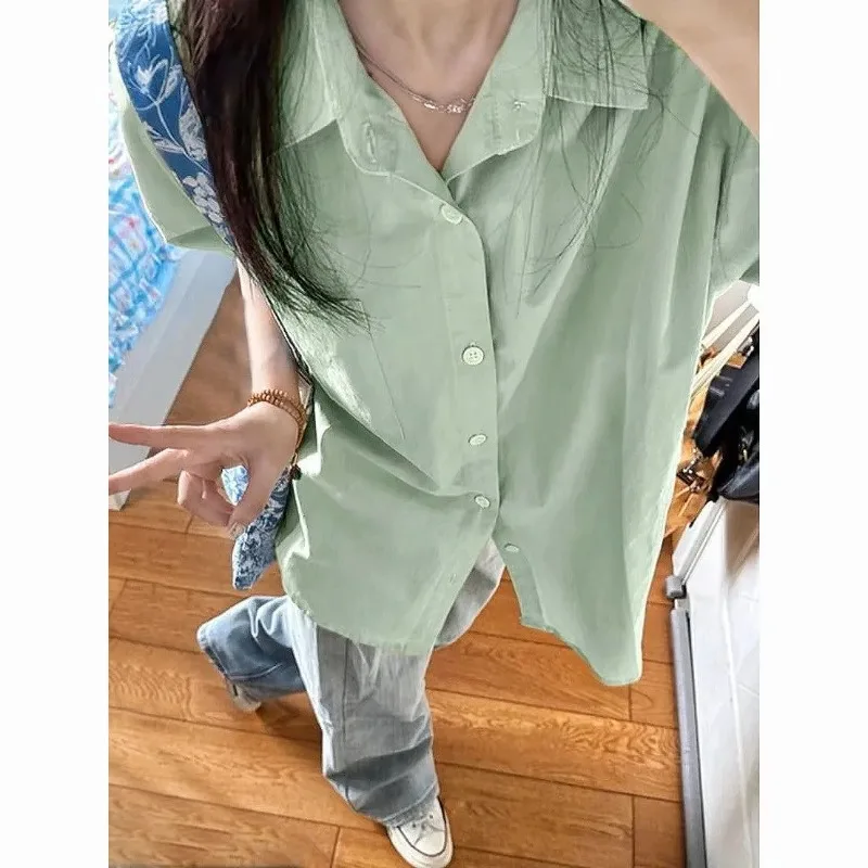 

Women's Mint Green Cotton Short Sleeve Shirt Summer Loose Casual Button Down Blouse