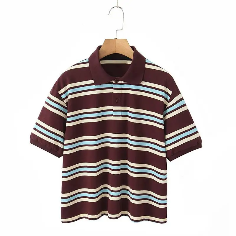 

Women Fashion Stripe Polo Shirt New Summer Casual Tee Loose Fit Short Sleeve Tops Versatile High Street Ladies Wear