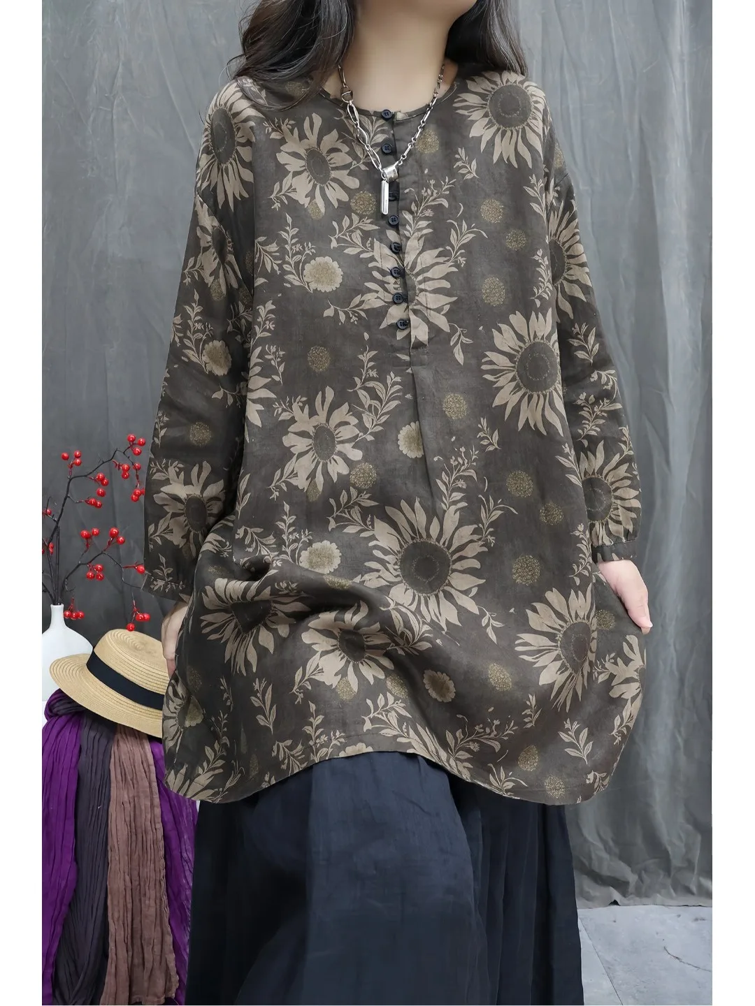 

Ретро-рубашка женская свободного кроя с льняным принтом, большие размеры, весна 2026, ранняя весна, модная, универсальная, средней длины, повседневная