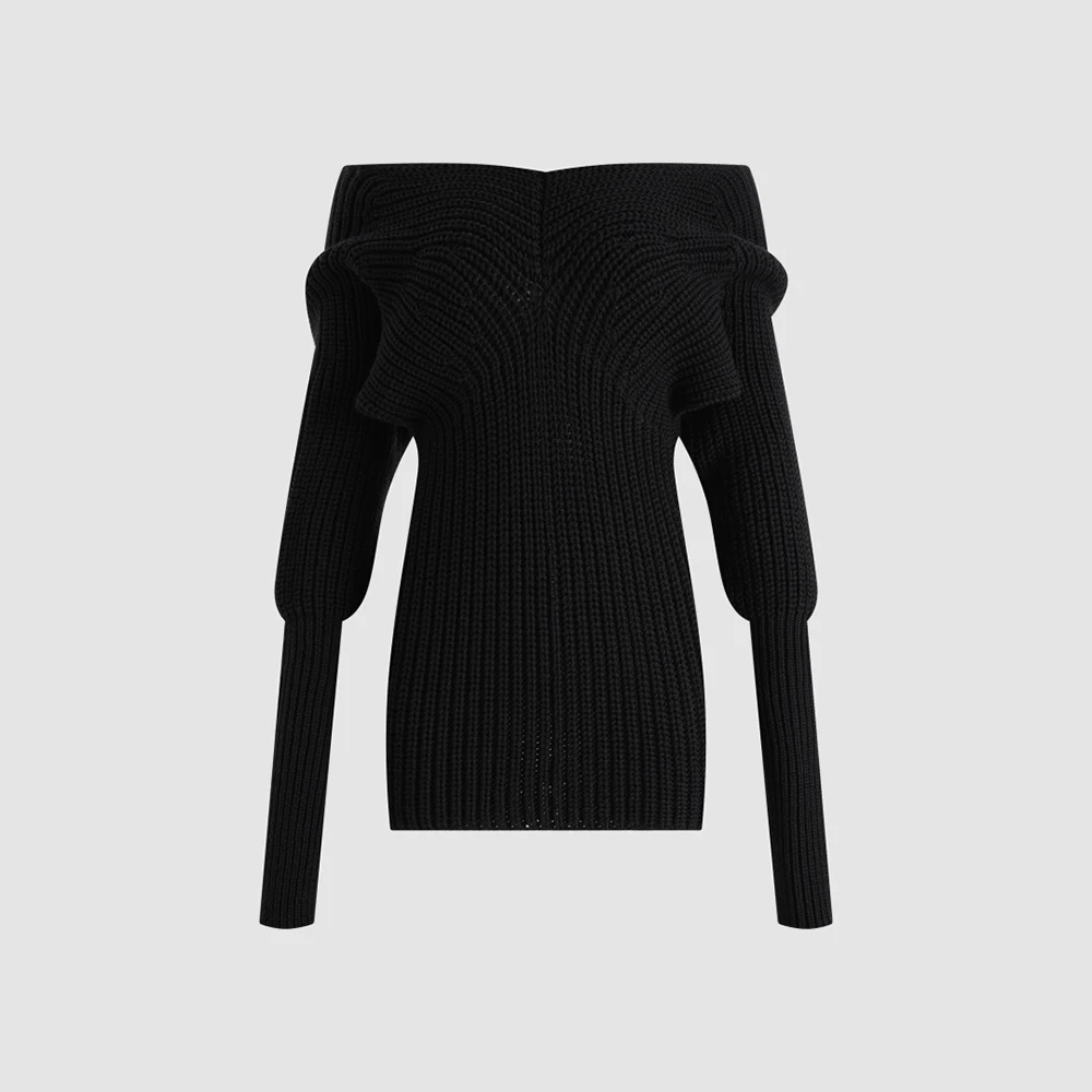 Women 100% Wool Off Shoulder Sweater, Elegant Long Sleeve Ribbed Knit Pullover Slim Jumper Autumn Fashion Lady Warm Knitted Top