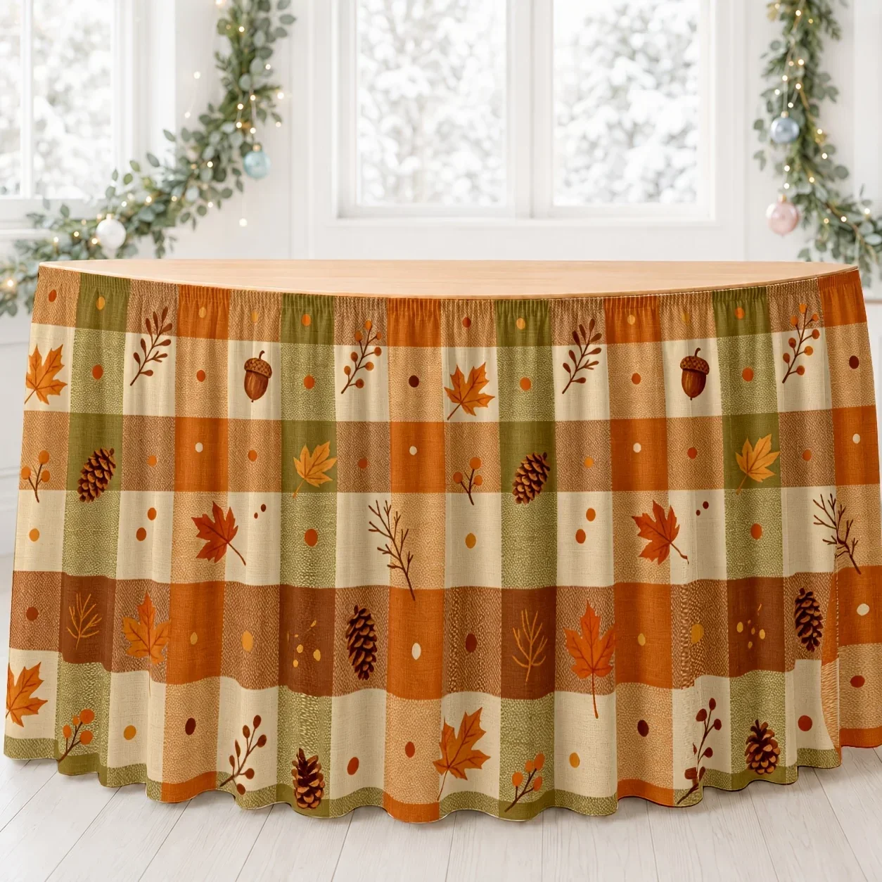 One-piece autumn harvest tablecloth, featuring maple leaf pattern, pinecone and acorn designs
