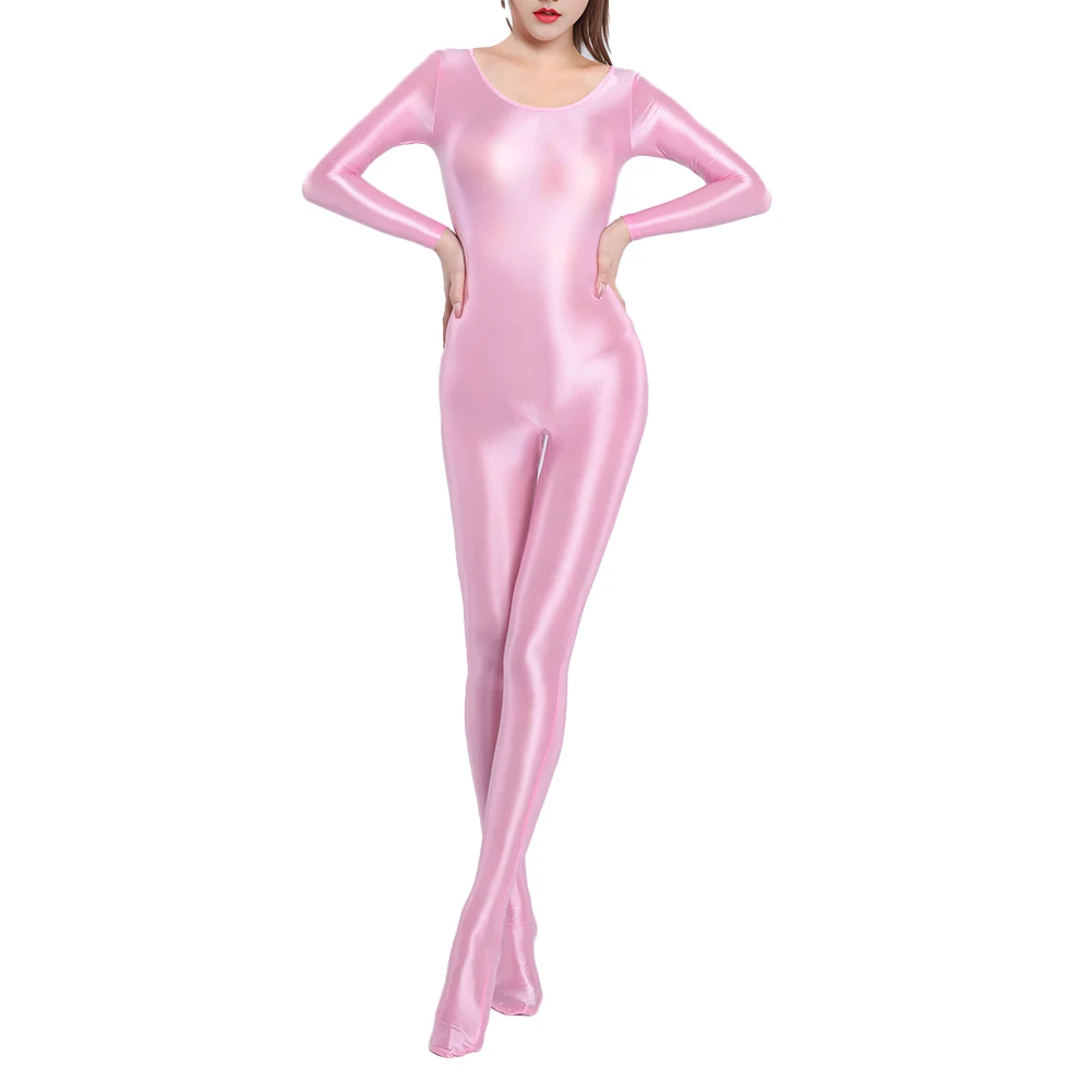 

Sexy Women's High Elastic Sheer Oil Shiny Smooth Jumpsuit Lingerie Foot-covering Female Bodysuits Tights