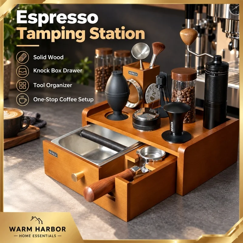 Espresso Tamping Station Solid Wood Coffee Tool Organizer Knock Box Drawer Portafilter Tamper Storage Stand Barista Accessories